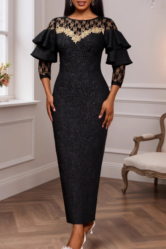 Elegant Jacquard Lace O Neck Evening Dresses