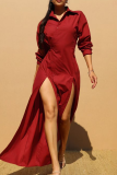 Casual Solid Color High Slit Turndown Collar Long Dresses