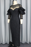 Elegant Jacquard Lace O Neck Evening Dresses