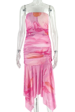 Sexy Print Patchwork Strapless Irregular Dresses