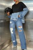 Casual Solid Color Ripped Mid Waist Straight Denim Jeans