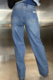 Casual Solid Color Ripped Mid Waist Straight Denim Jeans