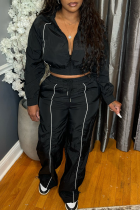 Casual Solid Color Zipper Turndown Collar Long Sleeve Two Pieces