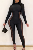 Sexy Solid Color Mesh O Neck Skinny Jumpsuits