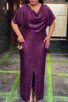 Elegant Solid Color Slit V Neck Long Plus Size Dresses