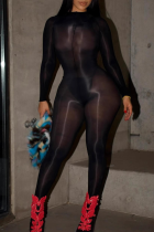 Sexy Solid Color See-Through O Neck Skinny Jumpsuits