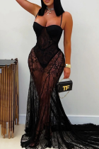 Sexy Solid Color Lace See-Through Spaghetti Strap Evening Dresses