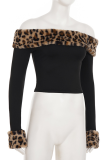 Casual Leopard Print Off Shoulder Long Sleeve Two Pieces