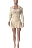Casual Solid Color Zipper Pleated Hooded Long Sleeve Two Pieces