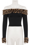 Casual Leopard Print Off Shoulder Long Sleeve Two Pieces