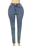 Casual Solid Color Ripped Hot Drill Mid Waist Skinny Denim Jeans
