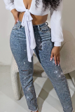 Casual Solid Color Ripped Hot Drill Mid Waist Skinny Denim Jeans