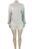 Casual Solid Color Draw String O Neck Long Sleeve Two Pieces