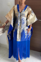 Elegant Bronzing Pattern Fringed Trim V Neck Long Dresses
