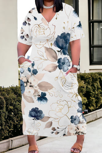 Casual Print Pocket V Neck Long Plus Size Dresses
