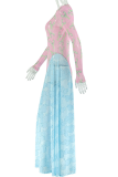 Casual Print Contrast O Neck Long Dresses