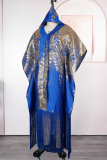 Elegant Bronzing Pattern Fringed Trim V Neck Long Dresses
