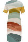 Casual Print Draw String Contrast V Neck Long Plus Size Dresses