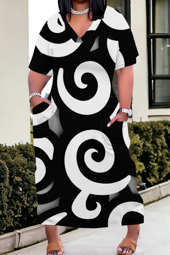 Casual Print Pocket V Neck Long Plus Size Dresses