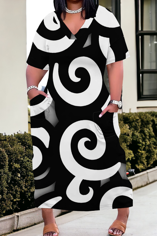 Casual Print Pocket V Neck Long Plus Size Dresses