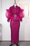 Elegant Solid Color Sequins Mesh Mandarin Collar Plus Size Two Pieces