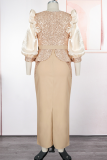 Elegant Solid Color Beading With Belt Flounce V Neck Long Plus Size Dresses