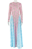 Casual Print Contrast O Neck Long Dresses