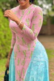 Casual Print Contrast O Neck Long Dresses