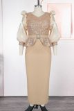 Elegant Solid Color Beading With Belt Flounce V Neck Long Plus Size Dresses