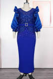 Elegant Solid Color Beading With Belt Flounce V Neck Long Plus Size Dresses