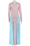 Casual Print Contrast O Neck Long Dresses