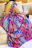 Elegant Print Flounce Contrast V Neck Printed Dresses
