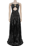 Sexy Solid Color Hollow Out Spaghetti Strap Long Dresses