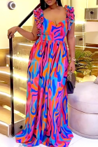 Elegant Print Flounce Contrast V Neck Printed Dresses