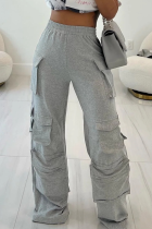 Casual Solid Color Pocket Loose Conventional Patchwork Bottoms