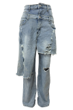 Casual Solid Color Ripped Loose Denim Jeans