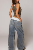 Casual Solid Color Patchwork Low Waist Loose Denim Jeans