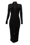 Casual Solid Color Zipper Mandarin Collar Wrapped Skirt Dresses