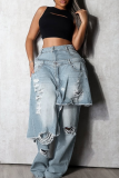 Casual Solid Color Ripped Loose Denim Jeans