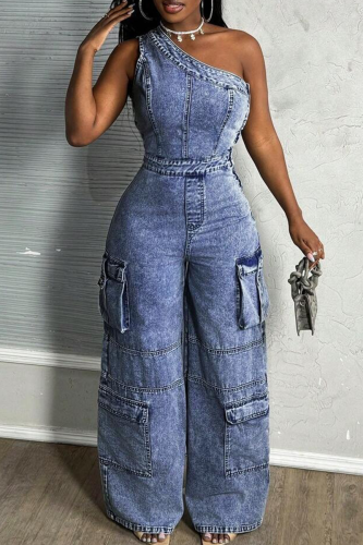 Casual Solid Color Pocket Oblique Collar Sleeveless Loose Denim Jumpsuits