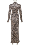 Sexy Snakeskin Print Leopard Patchwork O Neck Long Dresses