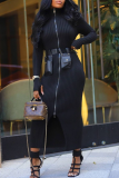 Casual Solid Color Zipper Mandarin Collar Wrapped Skirt Dresses