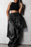 Casual Solid Color Ripped Loose Denim Jeans