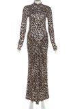 Sexy Snakeskin Print Leopard Patchwork O Neck Long Dresses