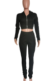 Casual Solid Color Zipper Hooded Long Sleeve Two Pieces