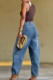 Casual Solid Color Patchwork Regular Denim Jeans