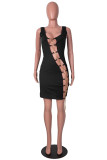 Sexy Solid Hollowed Out Chains U Neck Sleeveless Dress