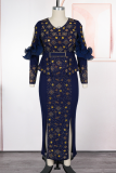 Elegant Solid Color Hollow Out Slit V Neck Long Plus Size Dresses