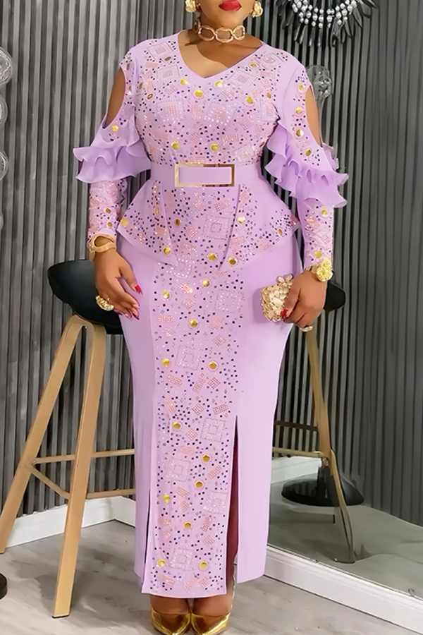 Elegant Solid Color Hollow Out Slit V Neck Long Plus Size Dresses