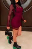 Sexy Solid Color Mesh O Neck Long Sleeve Two Pieces